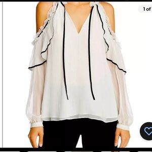 Parker Blouse Small 100% Silk white Ruffle Cold Shoulder Elegant Victorian Top